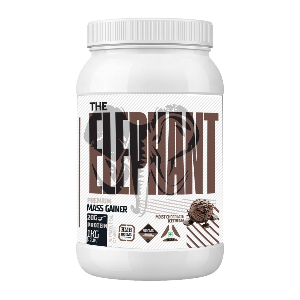 Absolute Nutrition Elephant Premium Mass Gainer | Weight Gainer with 20g Protein, 3000mg Creatine Monohydrate & 1000mg HMB | Muscle Gain Supplement | 1kg (Moist Chocolate Icecream)