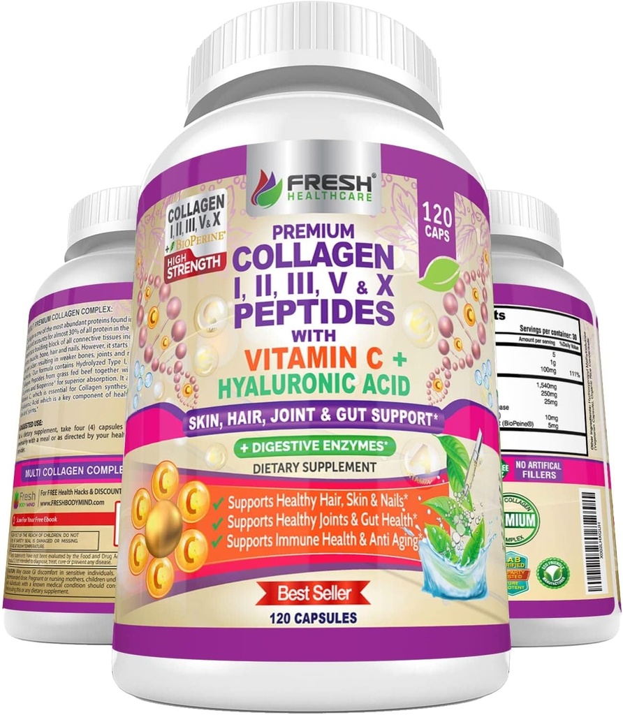 FRESH HEALTHCARE Multi Collagen Pillen mit Typ I, II, III, V & X Peptide mit Vitamin C, Hyaluronsäure - Unterstützt gesundes Haar, Haut, Nägel und Gelenke - 120 Kosher Kapseln