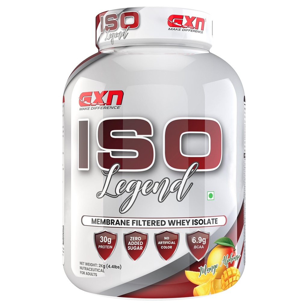 Greenex Nutrition (GXN) Iso Legend 2 kg Whey Protein Powder | 30g Protein | Whey Protein Isolate | Lean Muscle Gain | Mango Alphonso | Low Carb & Fat | 58 Servings