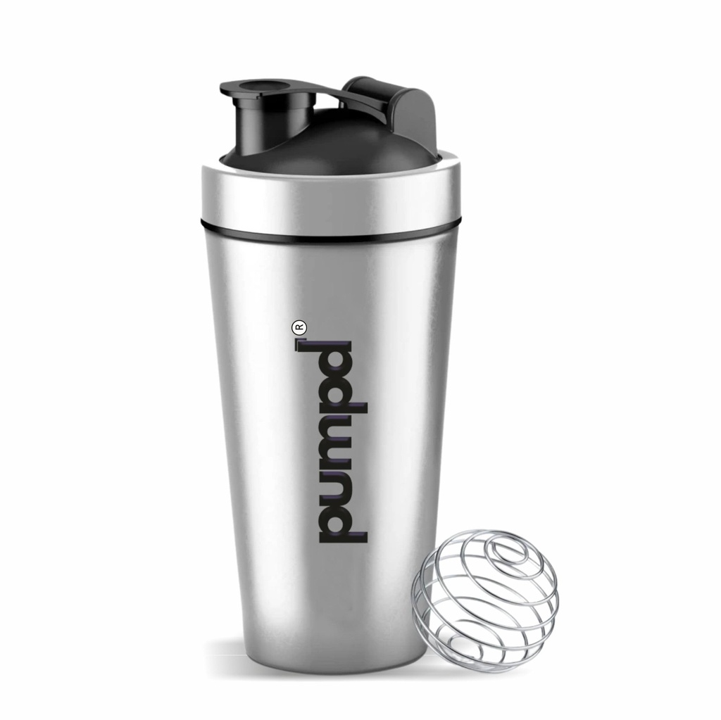 Pumpd Stainless Steel Protein Shaker Leakproof Gym Bottle with Wire Blending Ball 750ml | Durable, Odor & BPA Free | Ideal for Protein Shakes | Water Bottle (Silver)