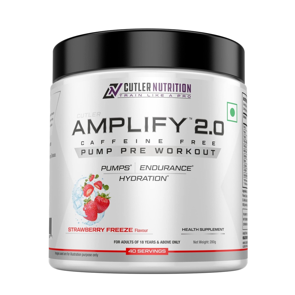 Cutler Nutrition Amplify Caffeine Free Pre Workout for Men and Women Stimulant Free Muscle Pump Enhancer with Arginine, Coconut Water, and L-Citrulline, 40 servings (Strawberry Freeze)