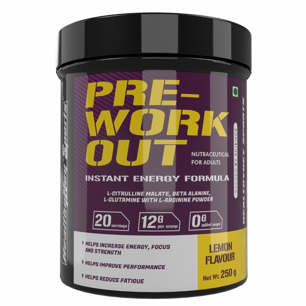 HealthyHey Sports Pre-Workout, Pump, Energy, Strength Drink Powder|Intense Sustained Energy|L-Citrulline, L-Arginine, Beta Alanine, Caffein, Glutamine & Sodium|250 Gram