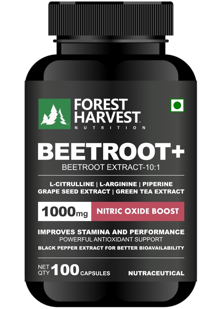 Nitric Oxide Supplement for Blood Flow & Stamina | Beetroot 10X (6000 mg Equivalent) with L-Citrulline, L-Arginine, Grape Seed Extract, Green Tea Extract & Piperine | Supports Energy, Endurance, Blood Flow & Performance | 100 Capsules | WHO-GMP, ISO & HACCP Certified