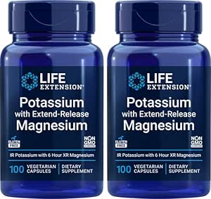 Life Extension 99mg Potassium avec Magnésium à libération prolongée 250mg, 100capsules de légumes (paquet de 2) - Sans gluten – Sans OGM – Supplément végétarien pour les hommes et les femmes - Formule minérale à double action