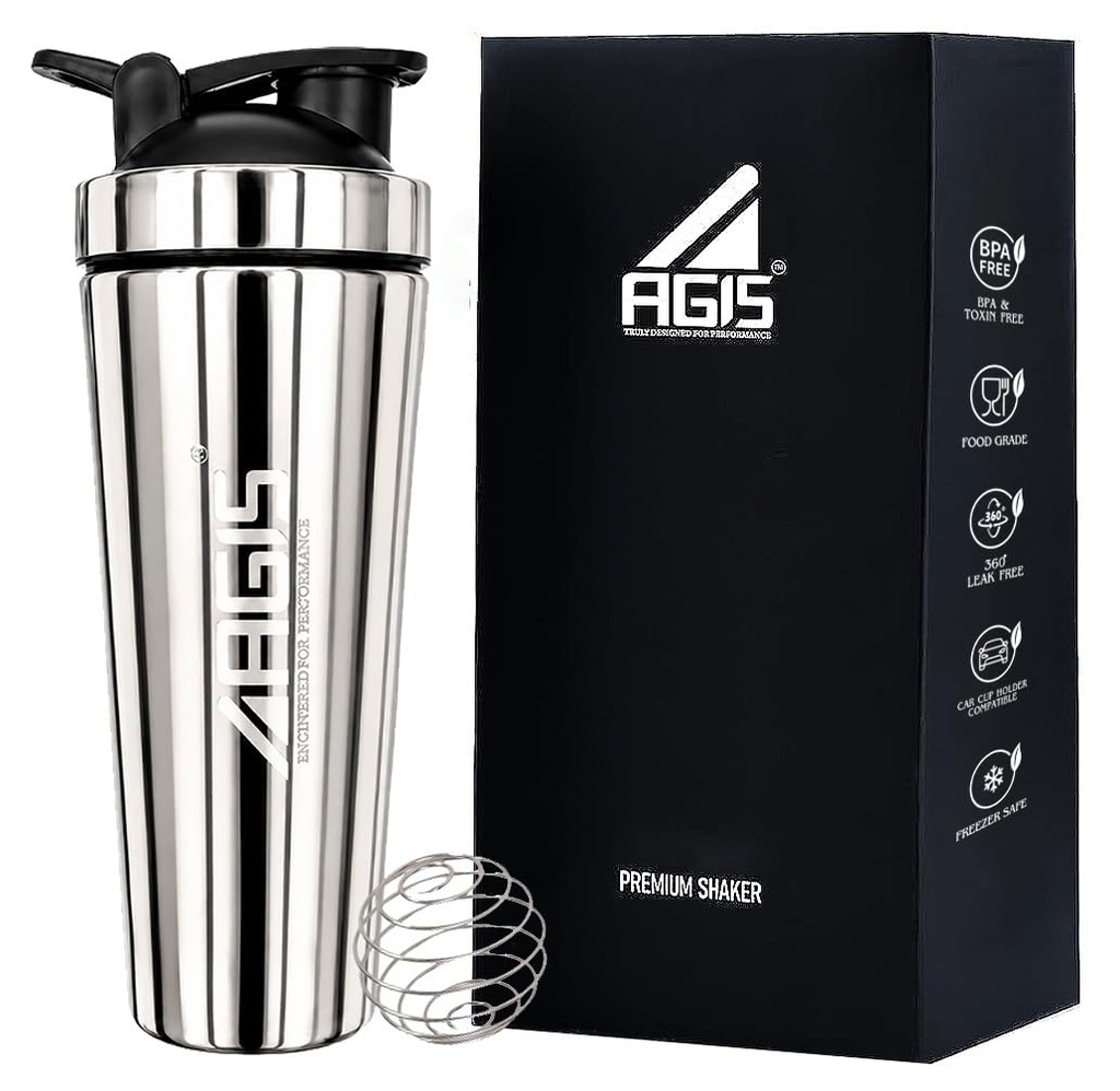 AGIS Steel Shaker With GLOSSY Finish Stainless Steel 700ml Measurement Marking, Perfect for Fitness Enthusiast & Athletes, Ideal for Mixing Protein Shakes & Pre-Workout Formula (Silver)