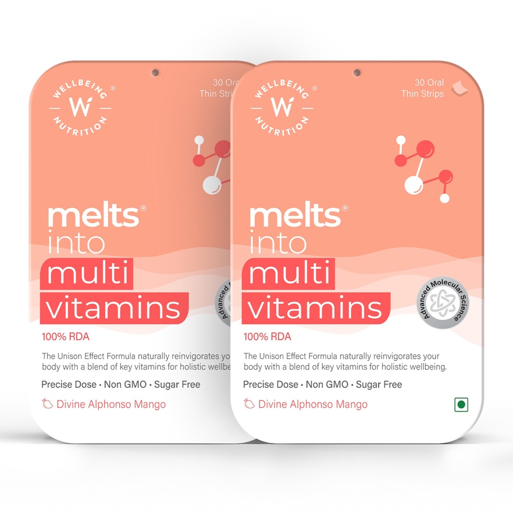 Wellbeing Nutrition Melts Plant Based Multivitamin for Men & Women for Increased Energy & Immunity | 100% RDA of Vitamin A, Vitamin B-Complex, Vitamin C, D3 K2, Ashwagandha & Ginseng (60 Oral Strips)
