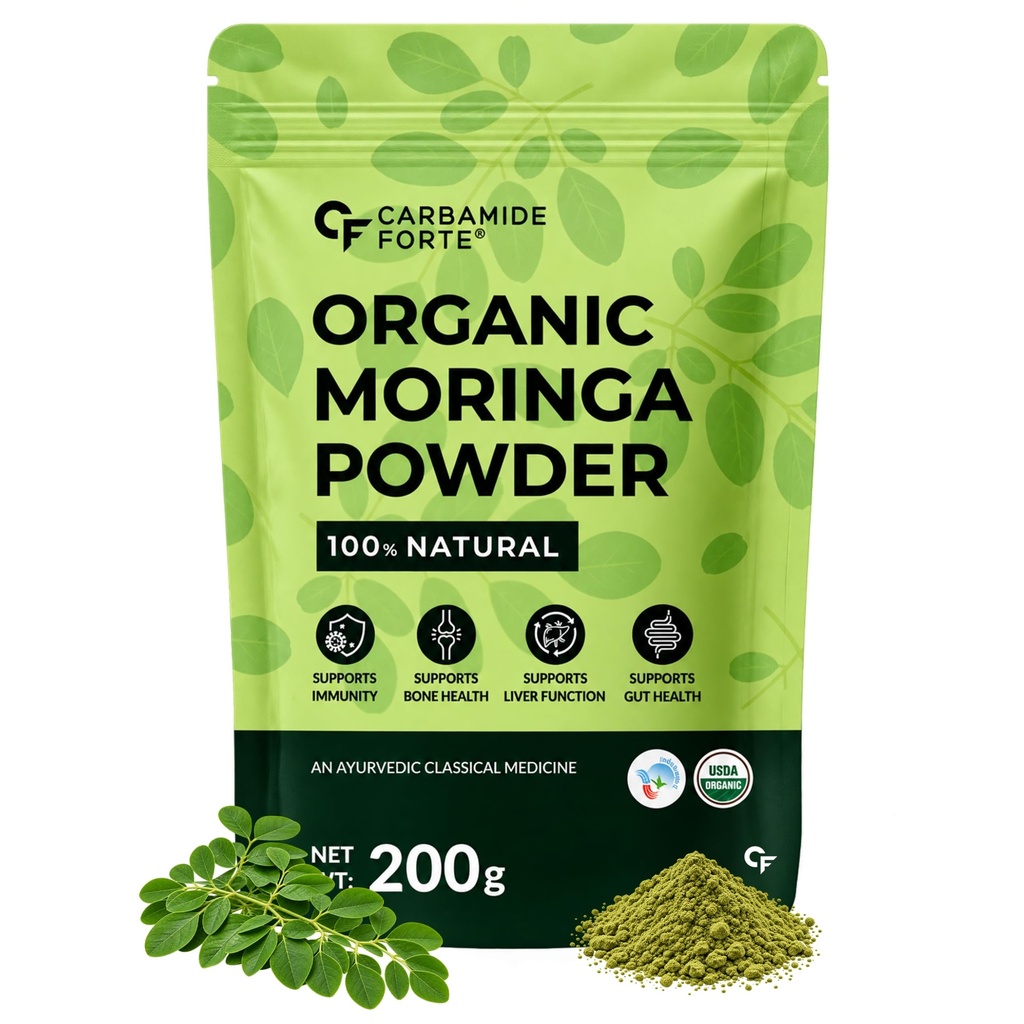 Carbamide Forte 100% Organic Moringa Powder - Moringa Oleifera - USDA Certified | Moringa Leaves Powder | Moringa Powder Organic for Immunity, Digestion & Energy | Drumstick Leaves Powder - 200g