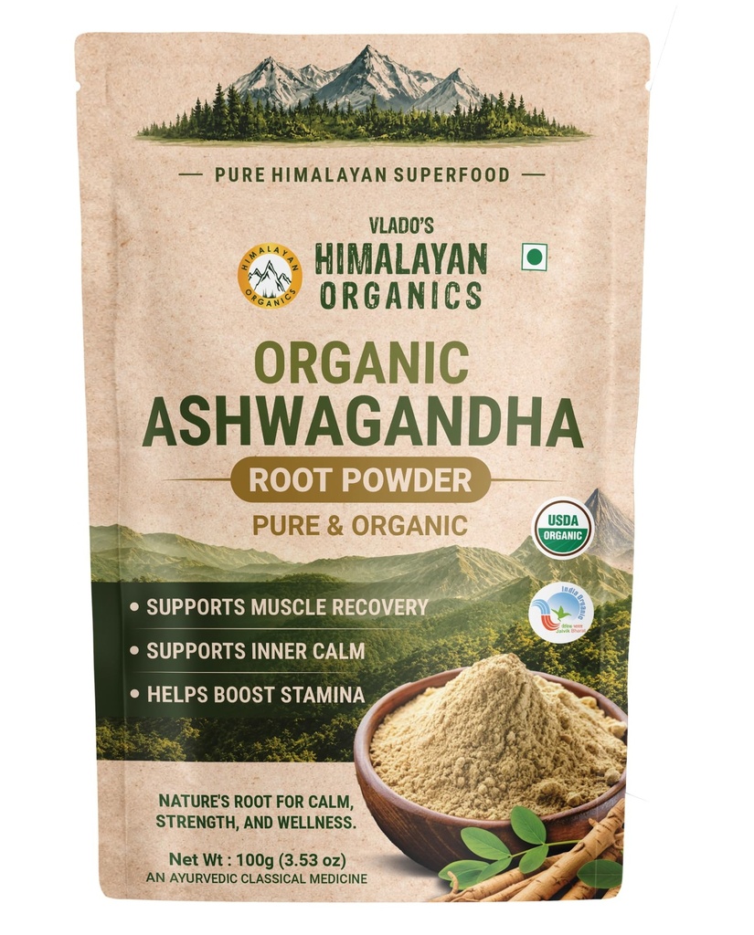 Vlado's Himalayan Organics Organic Ashwagandha Powder 100gm - Withania Somnifera | Pure Ashwagandha Powder Organic -Support Muscle Recovery & Boost Energy Level | USDA Certified Ashwagandha Supplements for Vitality, Strength & Stress Management | 100gm