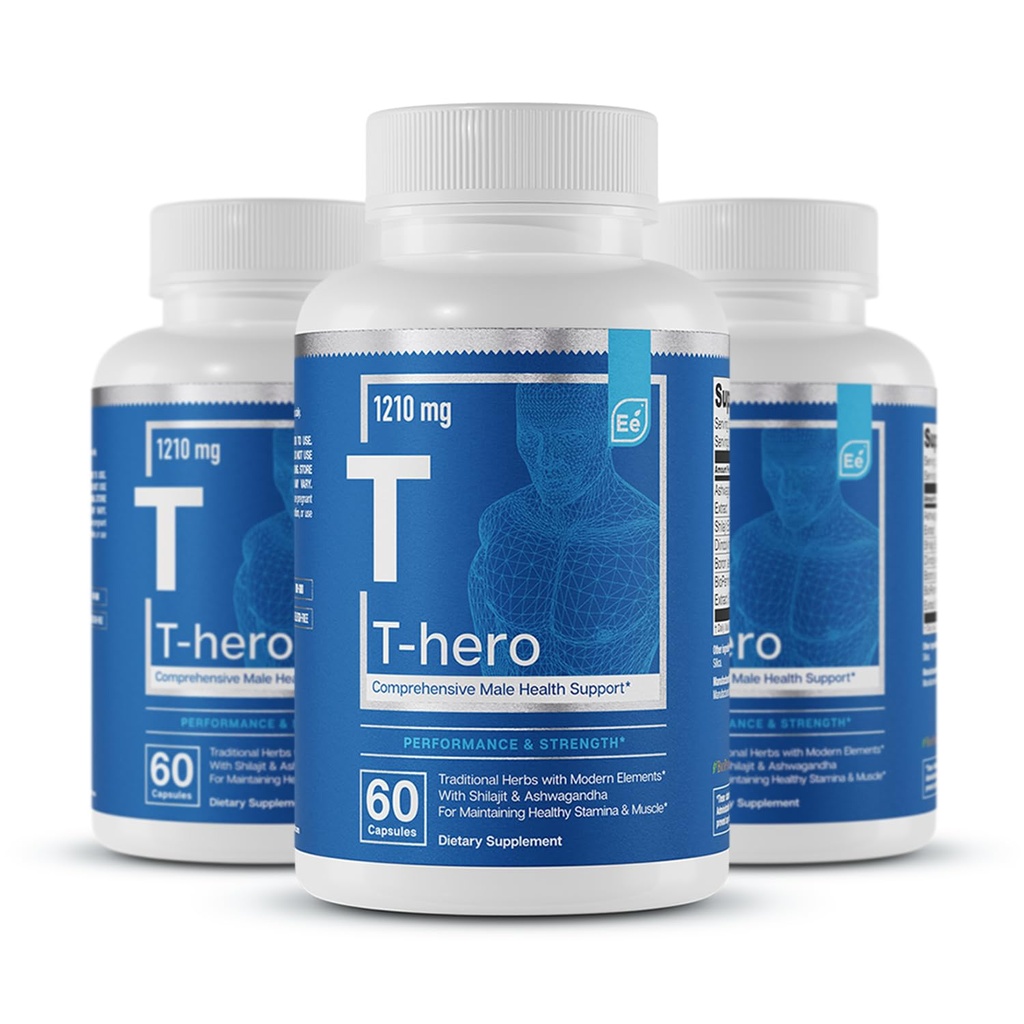 Elementi essenziali Male Health Supplement - Supporto muscolare & T-Health con DIM, Ashwagandha, Shilajit, Più | T-Hero 60 Vegan Capsule (3-Pack)