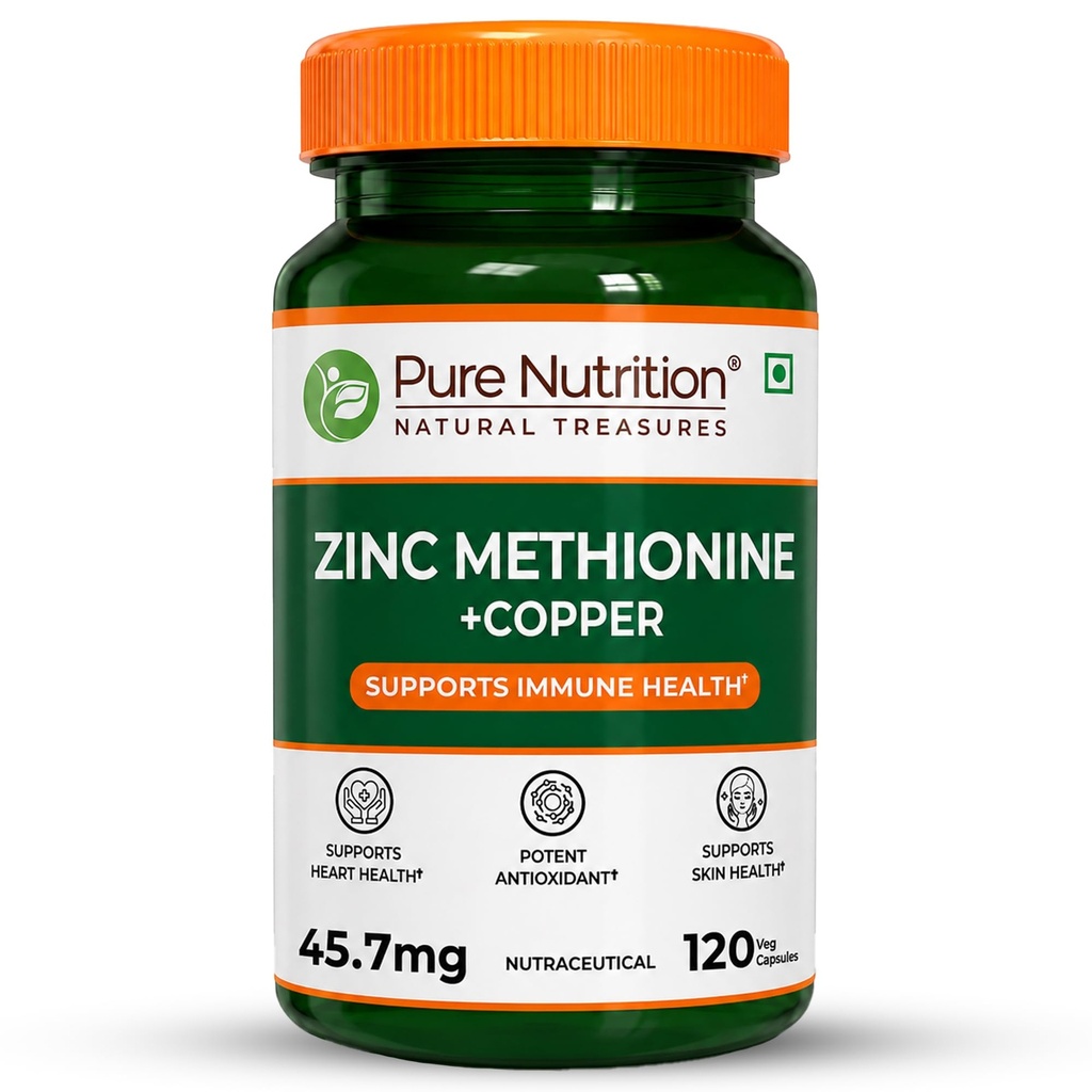 Pure Nutrition Zinc Methionine Plus Copper | High Absorption Zinc Supplements for Men & Women | Supports Immunity, Heart + Skin Health | Antioxidant Supplement + Cellular Protection – 120 Veg Capsules