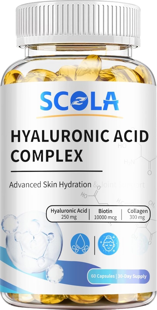 SCOLA Hyaluronsäure Kapseln - 250mg HA + 10.000mcg Biotin, 60 Vegan Kapseln | Deep Hydration, Hair & Nail Support | Non-GMO Formel