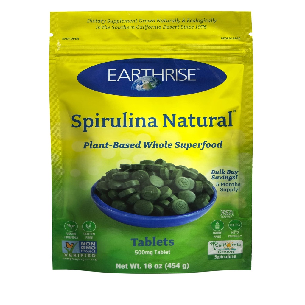 Spiruline terrienne, Spiruline californienne pure 500 mg, végétalien, sans gluten, ami du kéto, non-OGM Super aliment riche en vitamines et minéraux., 1 LB comprimés (150 portions)