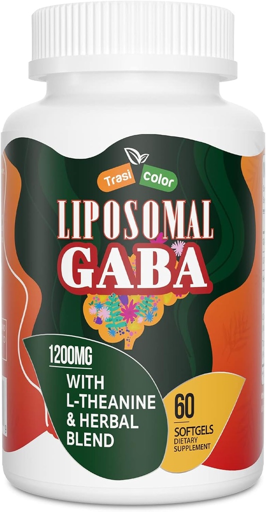 Liposomal GABA mit L-Theanin Ergänzungen 1200mg - Hohe Absorption GABA-Komplex mit Ashwagandha, Kamille, Tart Cherry Kräuter Ergänzungen für Männer und Frauen, 60 Softgels