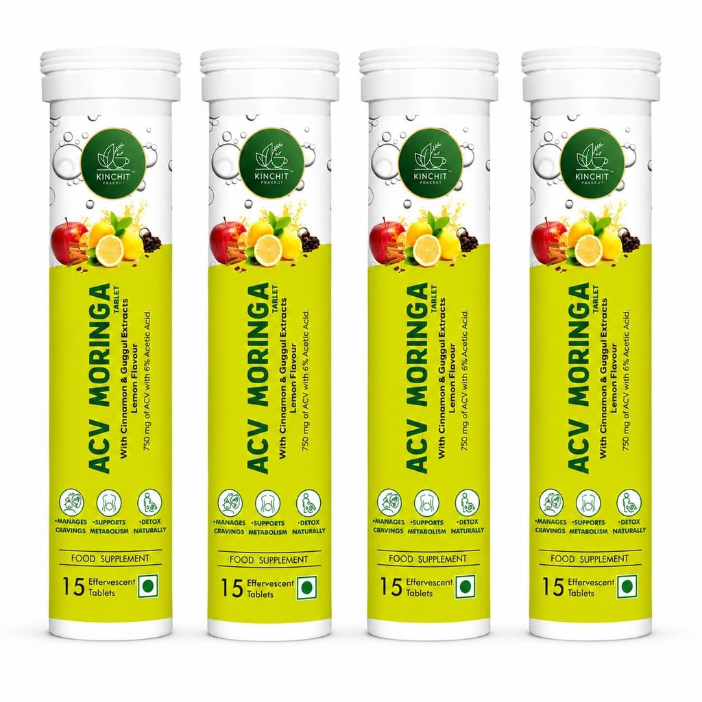 Apple Cider Vinegar ACV Moringa, 750 mg with 6% Acetic Acid, Cinnamon and Guggul Extract | Lemon Flavour (Pack of 4)