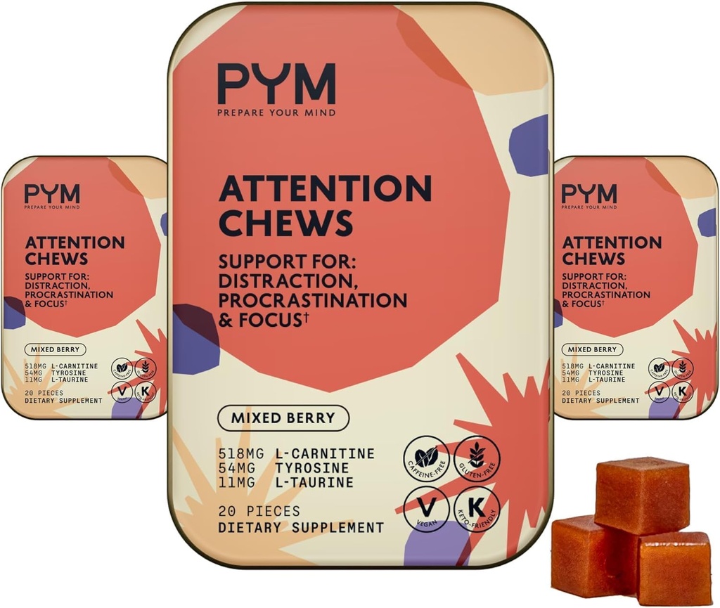 PYM Attention Chews Unterstützung für Procrastination, Fokus & Produktivität, 60 Count | 518mg L-Carnitin, 54mg Tyrosin, 11mg L-Taurine - Koffeinfrei | All-Natural Mood Boost Supplement Made in USA