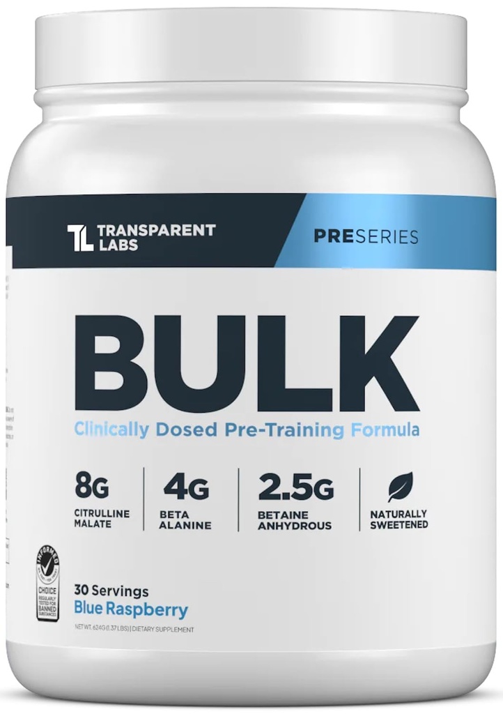 Polvere di pre-allenamento trasparente Labs Bulk Pre Workout - naturalmente addolcita avanzata formula pre-allenamento per la costruzione e la resistenza del muscolo - 30 Servings, Blue Raspberry
