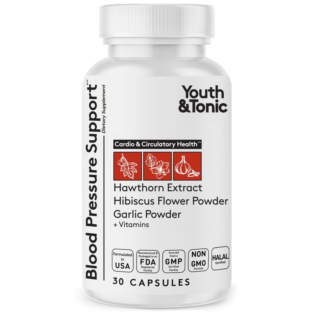 Integratore di supporto per la pressione sanguigna naturale della gioventù e tonica w/Hawthorn Hibiscus & High Potency Herbs & Vitamins for Water Retention | 30 BP Capsules per mantenere una buona salute | Donne & Uomini