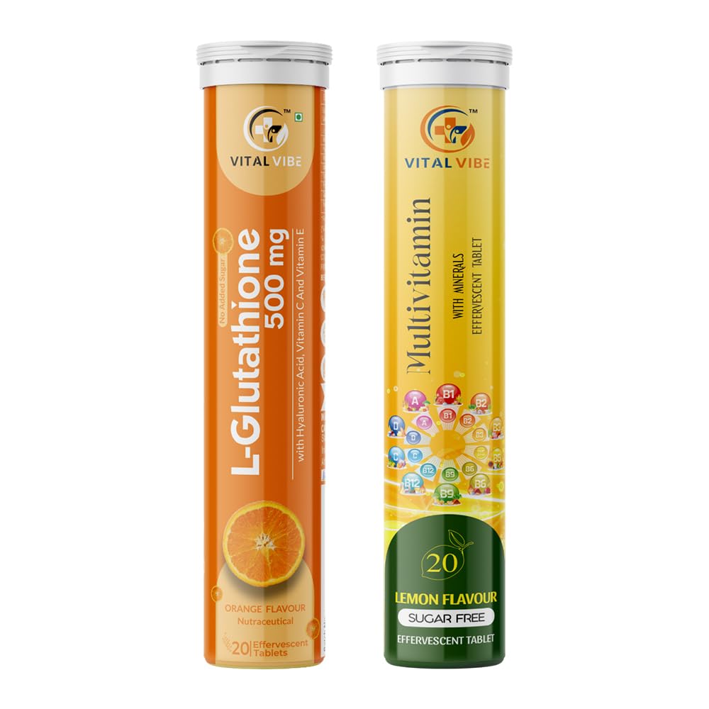 L-Glutathione 500mg + Hyaluronic Acid, Vitamin C&E Effervescent – 20 Tabs + All-in-One Multivitamin & Minerals, Sugar-Free – 20 Tabs
