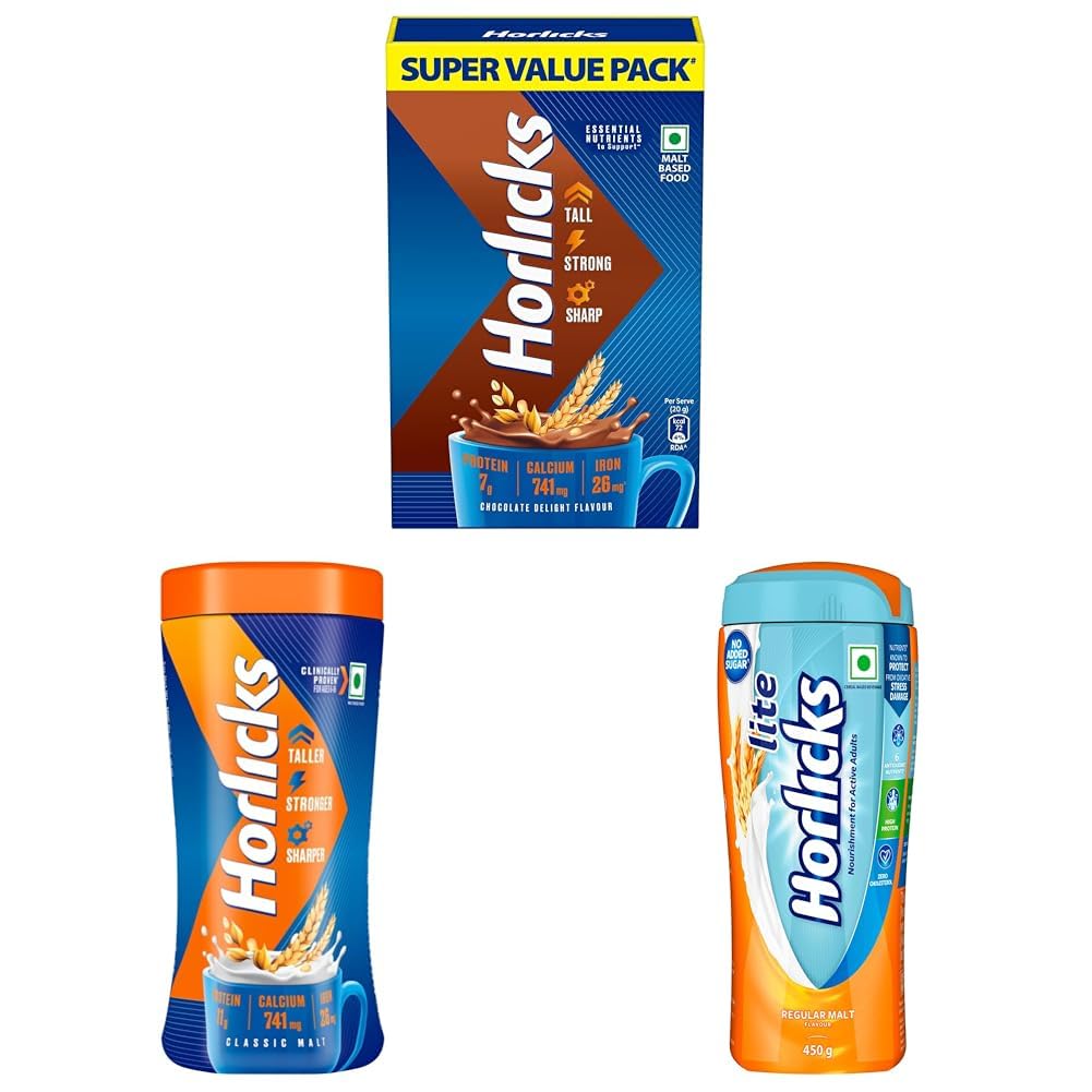 Horlicks Chocolate Refill 1kg + Classic Malt Jar 500g + Horlicks Lite 450g for Adults | High Protein, No Added Sugar | Scientifically Designed Malt Nutrition