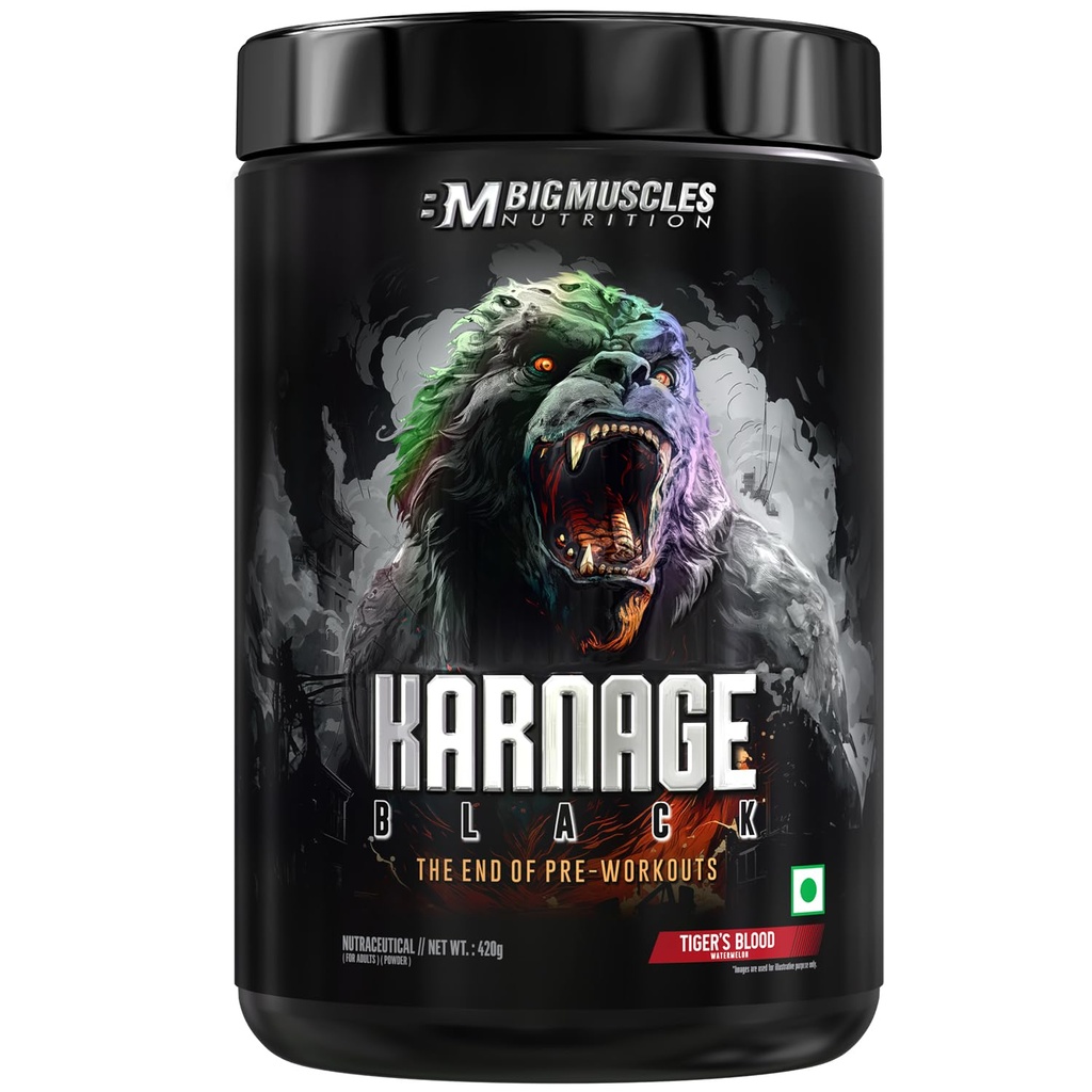 Bigmuscles Nutrition Karnage Black Preworkout [Tiger’s Blood, 420g] | Massive Pump | Laser Focus | Explosive Energy | Gorilla Power | No Itching | with Nitrosigine