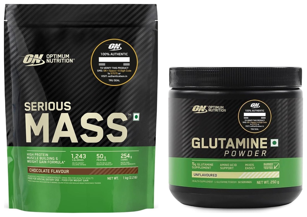 OPTIMUM NUTRITION (ON) Serious Mass Gainer powder(Veg) - Pack of 1 kg (Chocolate) with Vitamins & Minerals & Optimum Nutrition L-Glutamine Powder, Pack of 250 Gram, 50 Serves