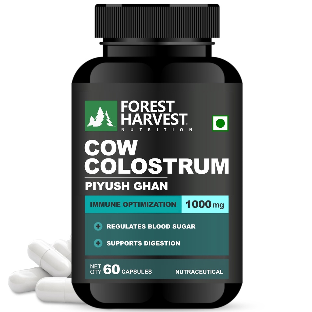 Cow Colostrum Capsules | 1000 mg Per Serving | 60 Capsules | Immunity & Growth Booster with Nutrient-Rich Colostrum | WHO-GMP, HACCP & ISO Cerified.