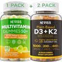 NEVISS 50+ Daily Gummy Multivitamin Algae Omega 3 & Calcium, CoQ10, Magnesium + Vitamin D3 5000IU Gummie 125mcg mit Calcium 600mg, K2(MK7) 200mcg