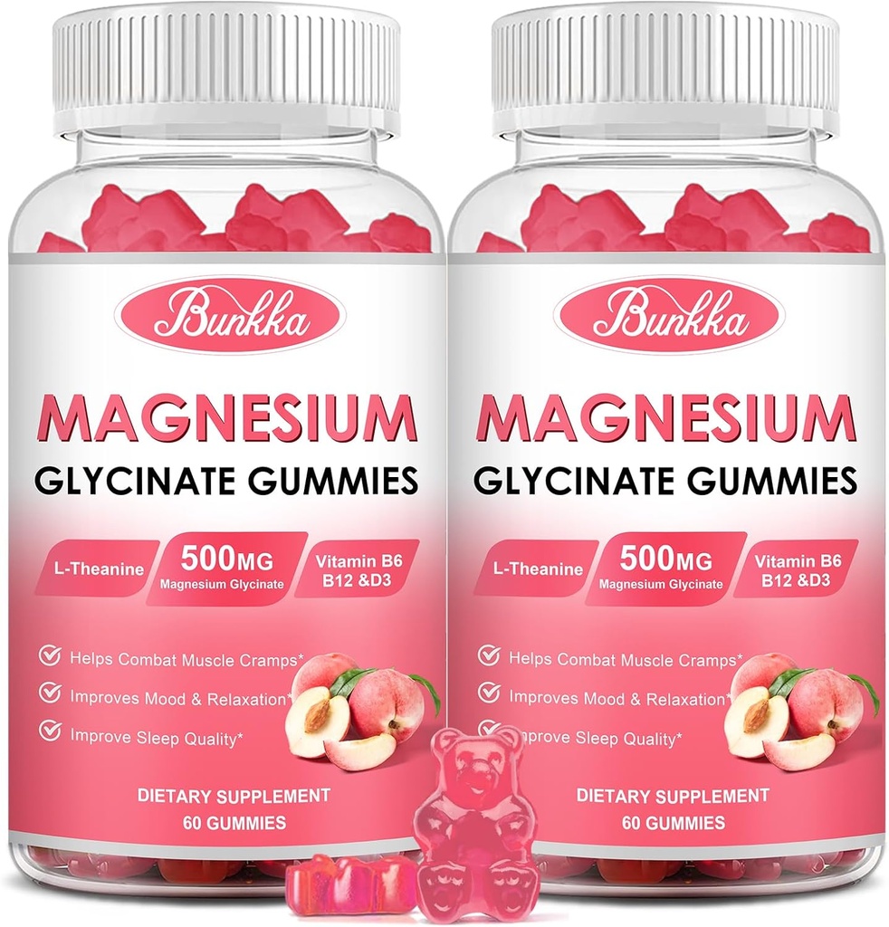 (2 packs) Glycinat de magnésium Gymnies-Glycinat de magnésium 500mg, supplément complexe de magnésium avec potassium, vitamineD, B6 pour calme, soulagement du sommeil et de la fatigue-sans sucre, 120 Gymnies de magnésium de pêche