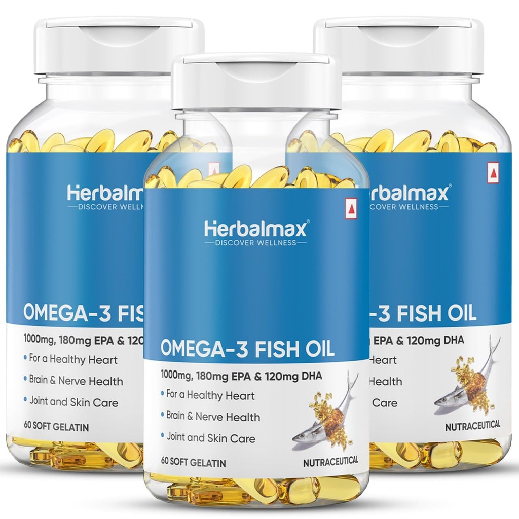 Herbal Max Omega-3 Fish Oil Capsules – 180 Capsules (Pack of 3) | 1000mg Fish Oil with 180mg EPA & 120mg DHA | Heart, Brain & Joint Support | Mercury-Free & Odorless