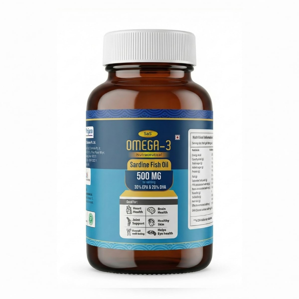 SAS Omega-3 Fish Oil Capsules 500mg with EPA 180mg & DHA 120mg | Mercury-Free, Burpless Softgels for Heart, Brain & Joint Health | Non-GMO Supplement for Men & Women (30 Capsules) (Pack of 1)