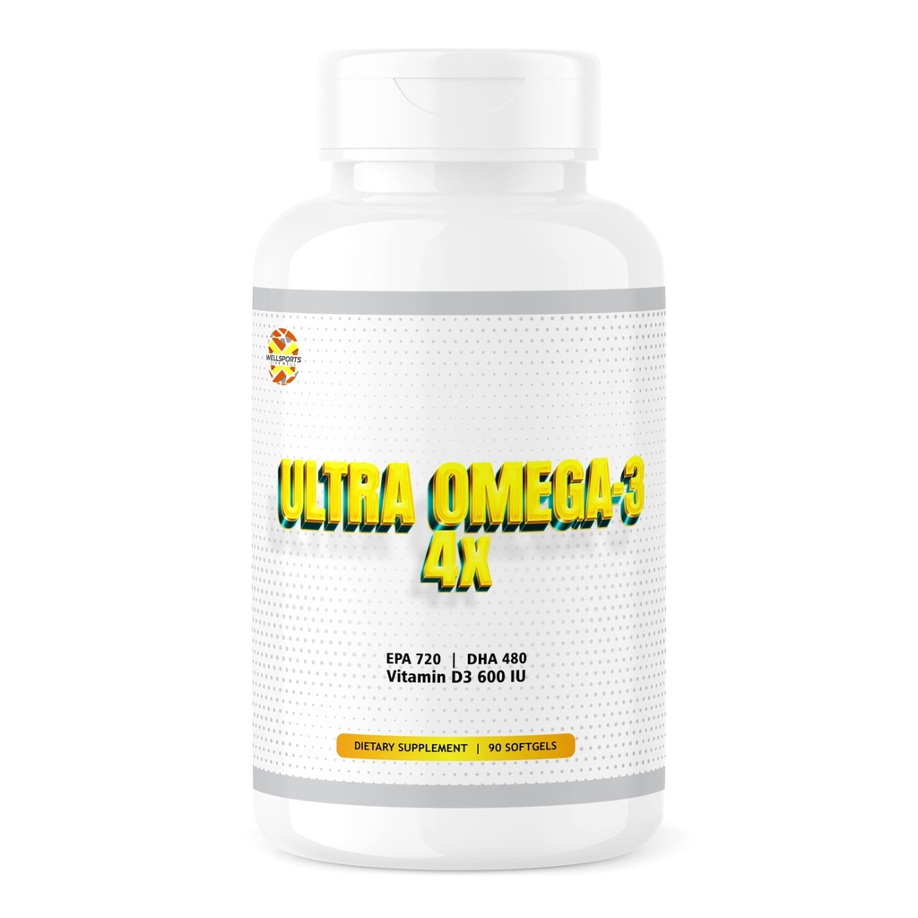 Wellsports | Ultra Omega 3 – 4X | Fish Oil (EPA-720/DHA-480) With Vitamin D3 – 90 Softgels (720mg)