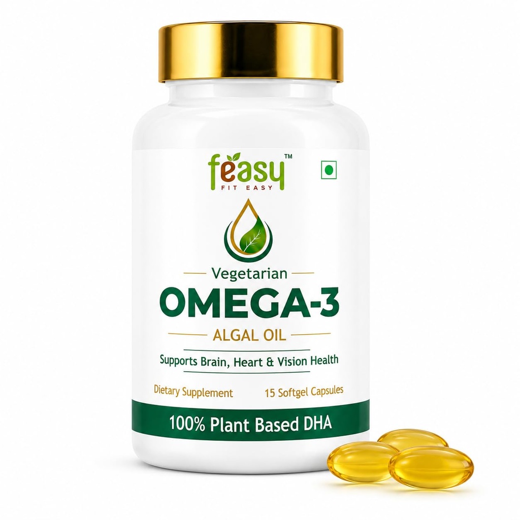 FEASY Vegetarian Omega-3 Algal Oil | 40% High DHA | 100% Plant Based | Supports Brain, Heart & Eye Health | No Fish Smell | 15 Softgel Capsules