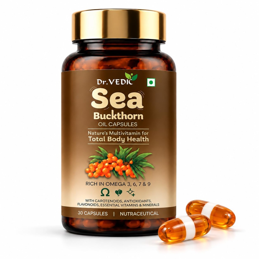 Dr Vedic Sea Buckthorn Berry Oil 500mg | Vegan Omega 7 Capsules with Omega 3, 6 & 9 | 30 Veg HPMC Capsules | Antioxidant Support for Skin, Heart, Bone & Muscle Wellness | 30-Day Supply