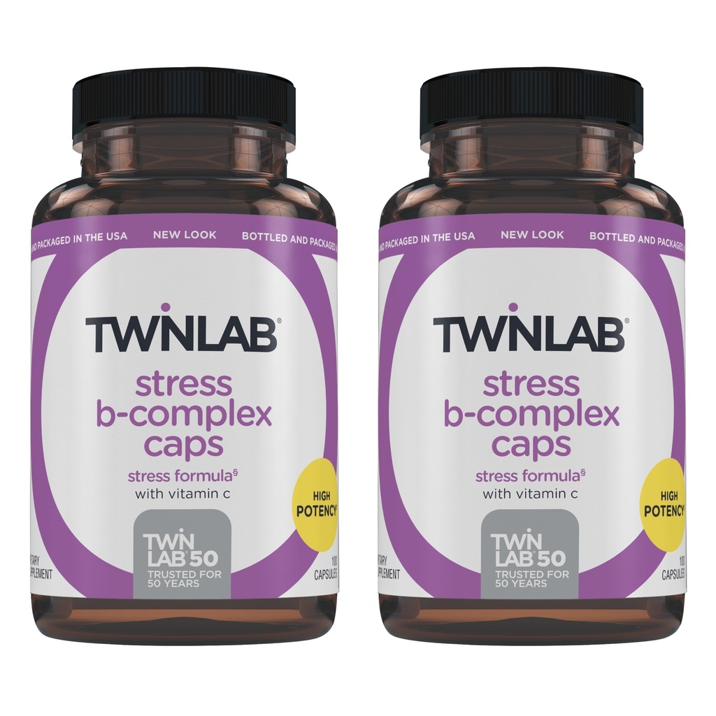 Twinlab Stress B-Komplex Caps - Komplette B-Komplex & 1000 mg Vitamin C - Energieunterstützungsergänzung mit Vitamin B12 und B6-100 Kapseln (Pack von 2)