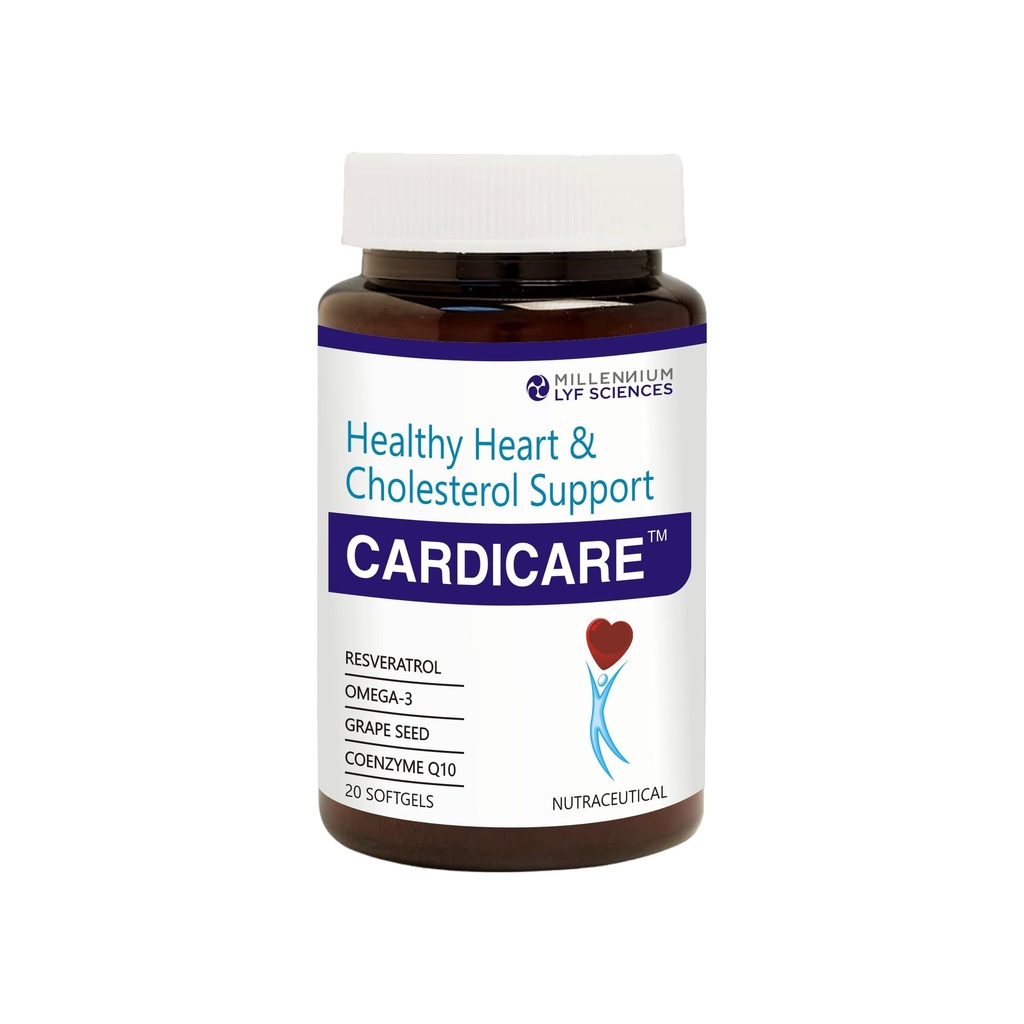 CARDICARE | For Healthy Heart & Cholesterol Support - 20 Softgels | With Resveratrol, Omega-3, Grape Seed, Co-Enzyme Q10