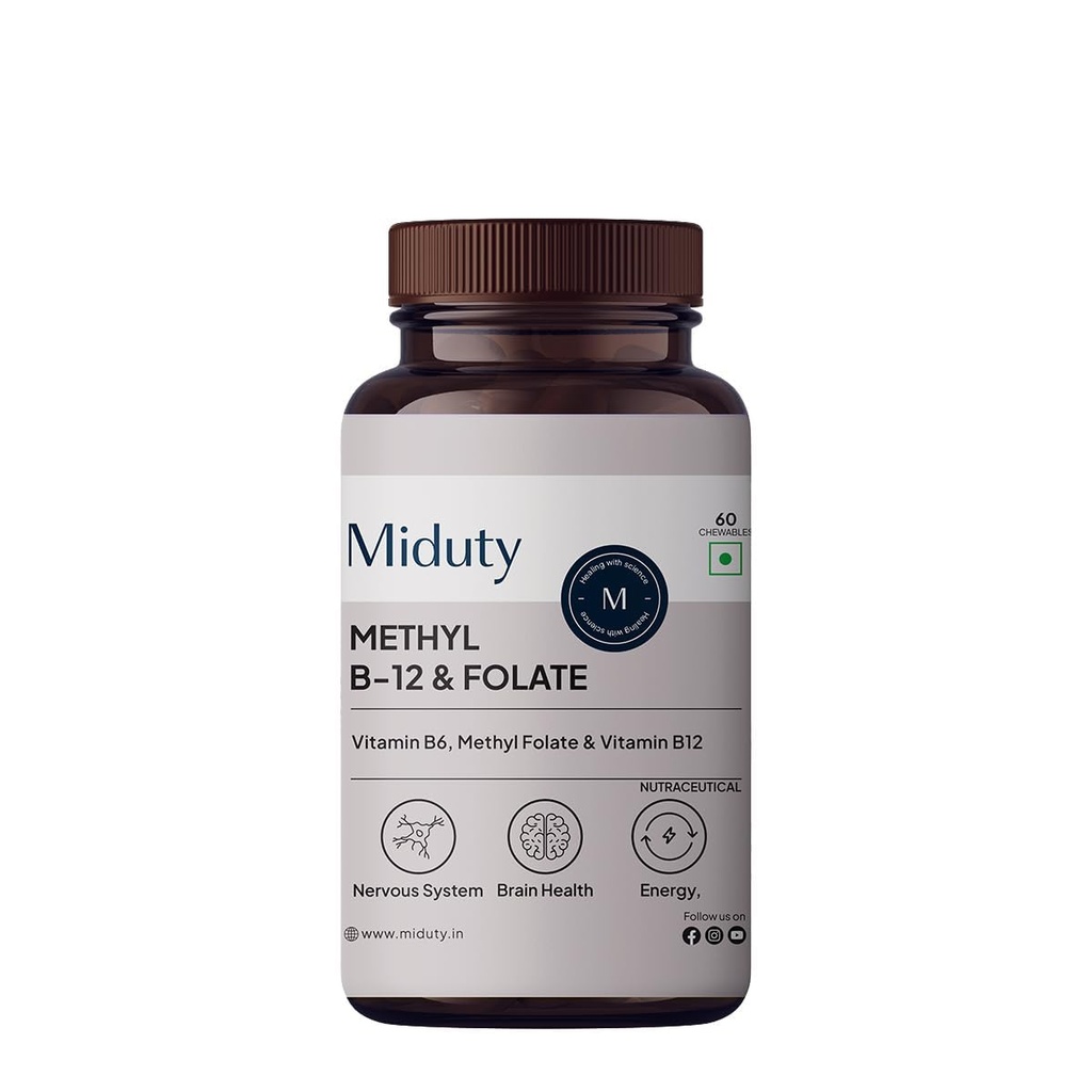 Miduty Vitamin B12 Folate – Active Methylcobalamin - Bioactive B-Complex with B6, B9, B12 – Triple Formula for Energy, Mood, Brain & Nerve Support – Fast Absorbing Chewable – 60 Veg Tablets
