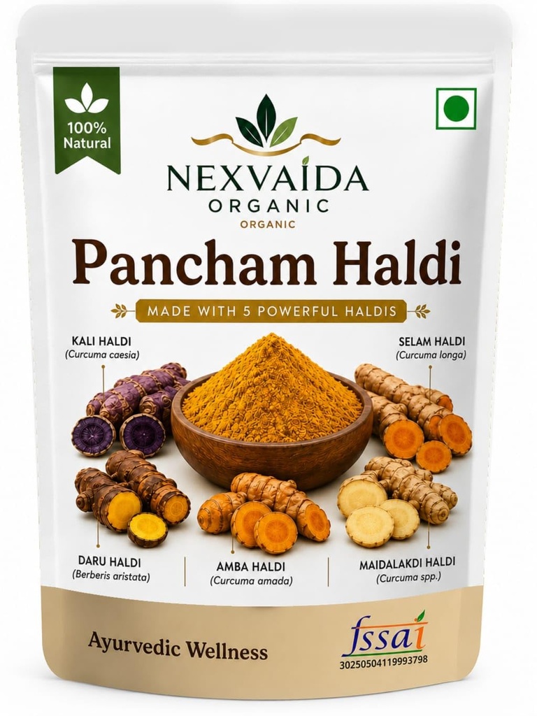 Pancham Haldi Powder | Premium Blend of 5 Ayurvedic Turmerics including Kali, Selam, Daru, Mida Lakdi & Amba Haldi Powder for Detox & Wellness | Natural Immunity Booster, Anti-Oxidant & Anti-Inflammatory Support | 100% Pure & Natural No Preservatives, Colors or Flavors (100gm)