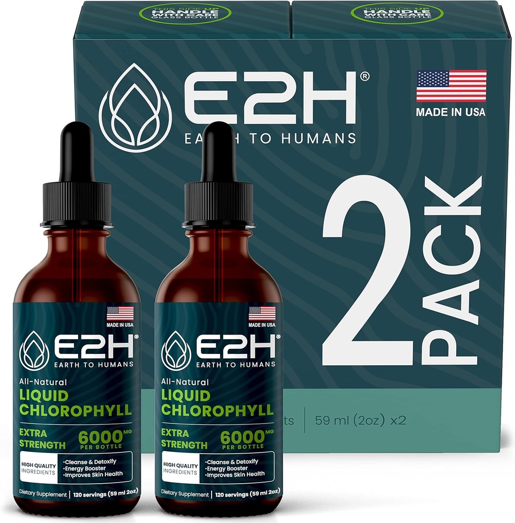 E2H Chlorophyll Flüssigkeitstropfen - Energie-Booster, Verdauung, Immunsystem Unterstützung und interner Deodorant - Vegan - Glutenfrei - Non-GMO - (2 Flaschen)