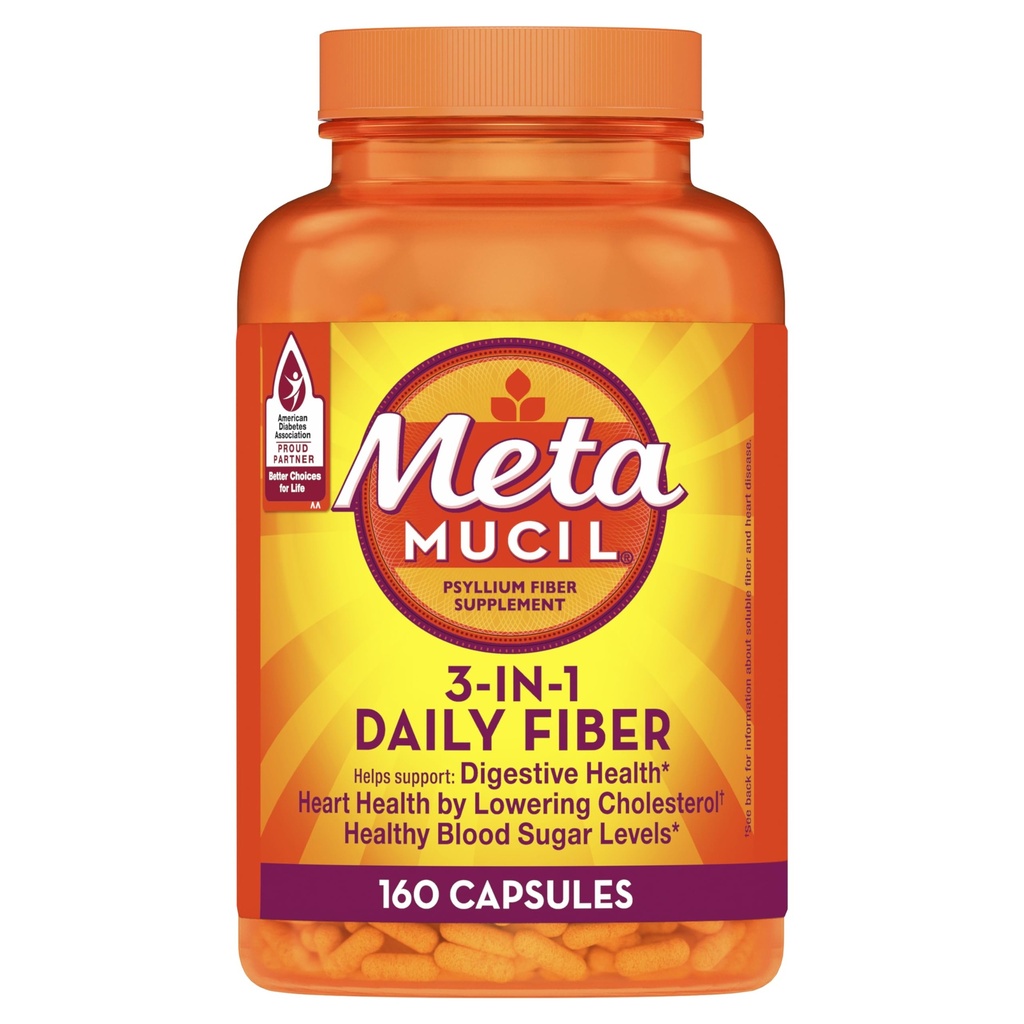 Metamucil Psyllium Husk Fiber Supplement, 3-in-1 für Verdauungs-Gesundheit, Pflanzenbasiert, 160 Zähler, Paket von 2