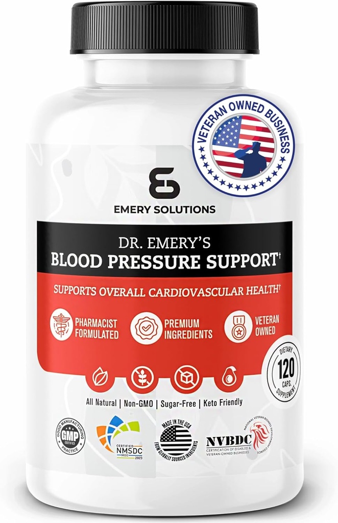 Supplément de soutien de la pression artérielle du Dr Emery avec Magnésium, Zinc, Vitamine D3, & Potassium, approuvé végétalien, sans sucre, formulé par le pharmacien clinique, 120 capsules, 30 jours d'approvisionnement