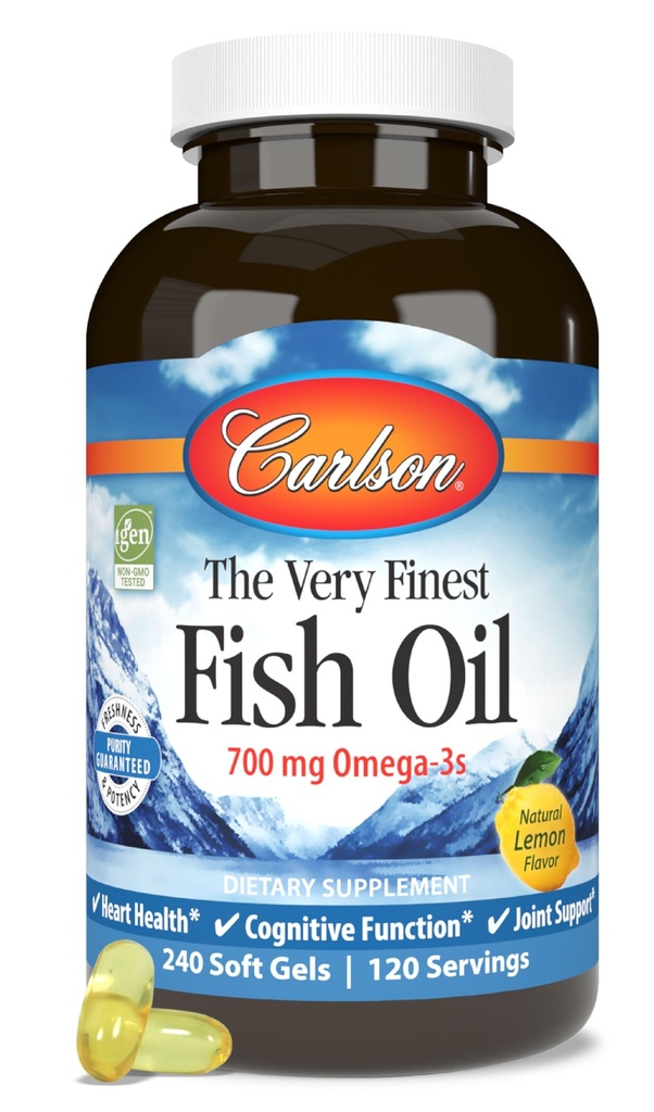 Carlson - Das sehr feinste Fischöl, 700 mg Omega-3s, Norwegische Fischöl-Ergänzung, Wild Caught Omega-3 Fish Oil, Sustainable Sourced Fish Oil Capsules, Omega 3 Supplement, Lemon, 240 Softgels