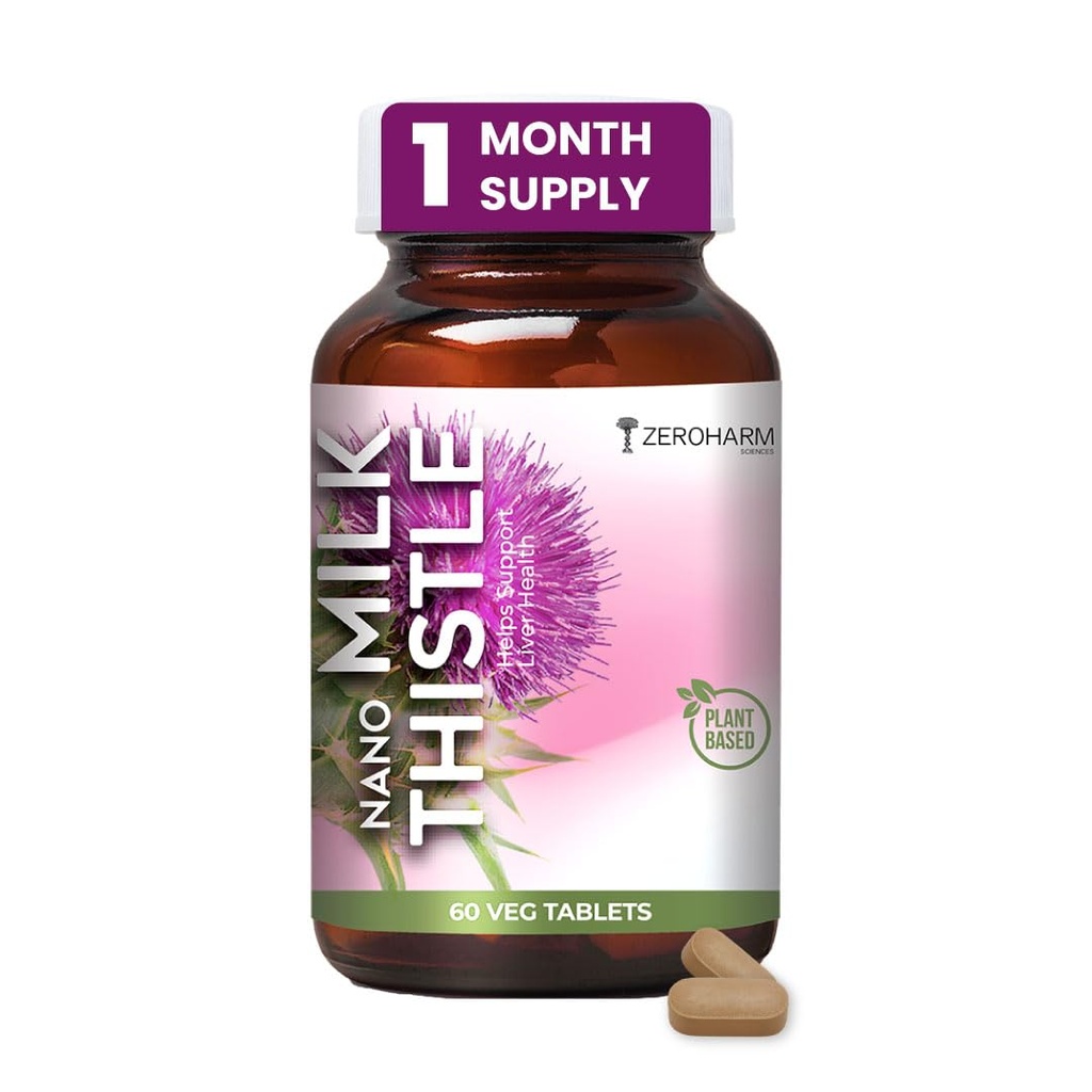 ZEROHARM Nano Milk Thistle - 800 mg with 80% Silymarin Extract (30:1) for Liver Detox, Cleanse, Antioxidant Support & Metabolism - High Absorption Supplement for Men & Women - 60 Veg Tablets