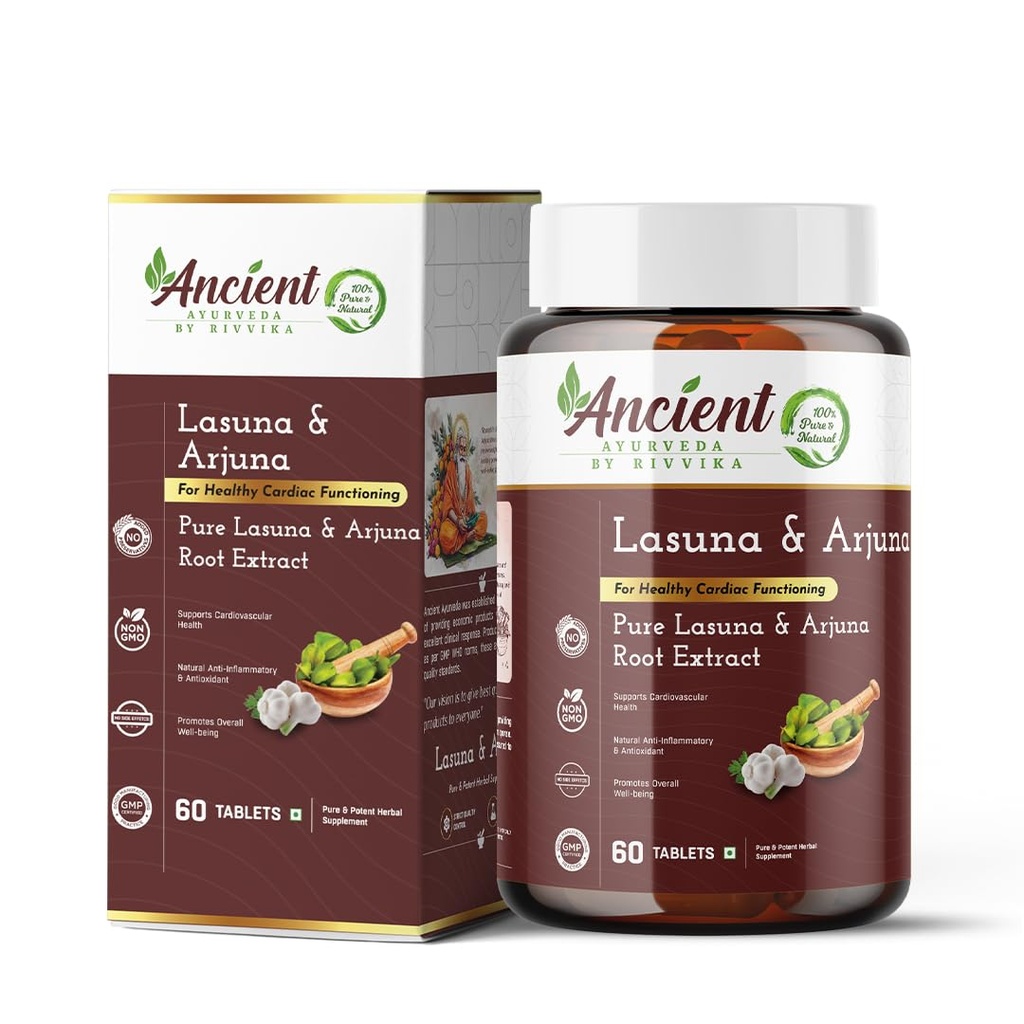 Lasuna (Allium sativum) & Arjuna (Terminalia arjuna) - For Healthy Heart Cardiac Wellness Cholesterol control - 60 Tablets, Vegetarian