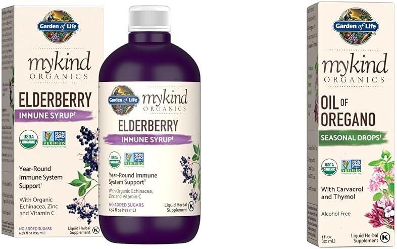 Garten des Lebens Bios Pflanzenbasierte Elderberry Immun Syrup 6.59 fl oz & Bios Öl von Oregano Saisonale Tropfen 1fl oz (30 mL) Flüssigkeit