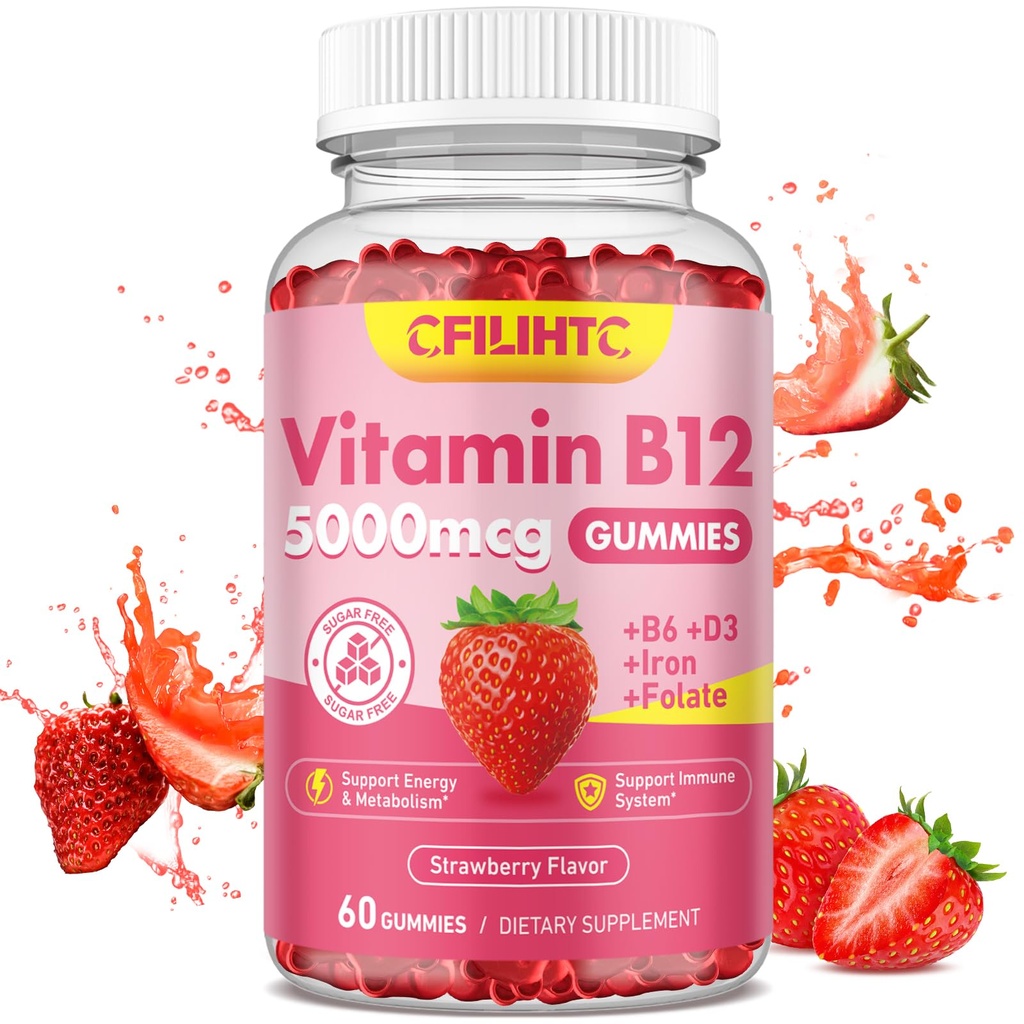 Vitamina B12 Gummies per le donne e gli uomini, 5000mcg Methyl B12 Gummies con vitamina B6, D3, Ferro, Folato per gli adulti, Supporta l'energia & Metabolismo Boost, Mood, Immune & Nervous System, Zucchero