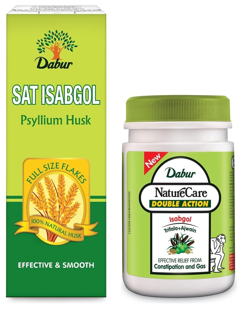 Dabur Sat Isabgol|Psyllium Husk- Pack Of 200 Gm Powder & Nature Care Isabgol Double Action Trifala And Ajwain, Effective Relief From Constipation And Gas - 100 Gm
