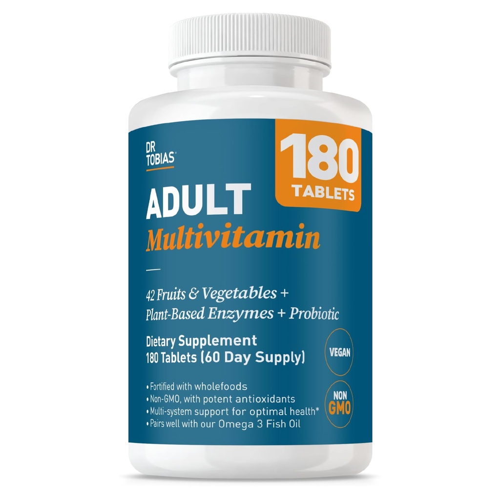 Dr. Tobias Adult Multivitamin für Frauen und Männer, Immununterstützung Vitamine von 42 Früchten, Gemüse, Plus Probiotika, Vegan Multivitamine für Männer und Frauen, Non-GMO, 180 Tabletten, 60 Servierungen