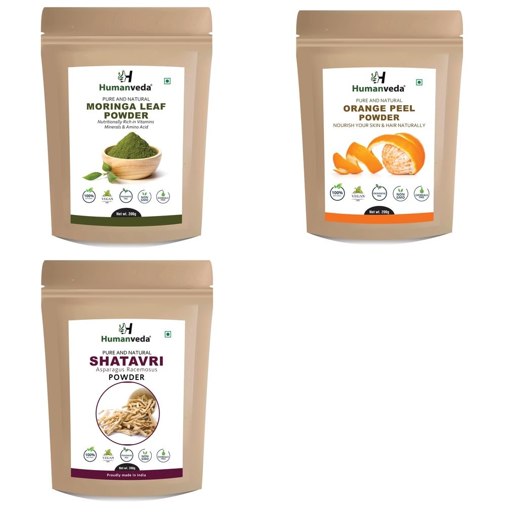 Pure Moringa Powder, Orange Peel Powder and Shatavari Powder Combo Pack for Comprehensive Hair Care and Radiant Glowing Skin Rejuvenation Ayurvedic Product and Natural Organic and Scalp