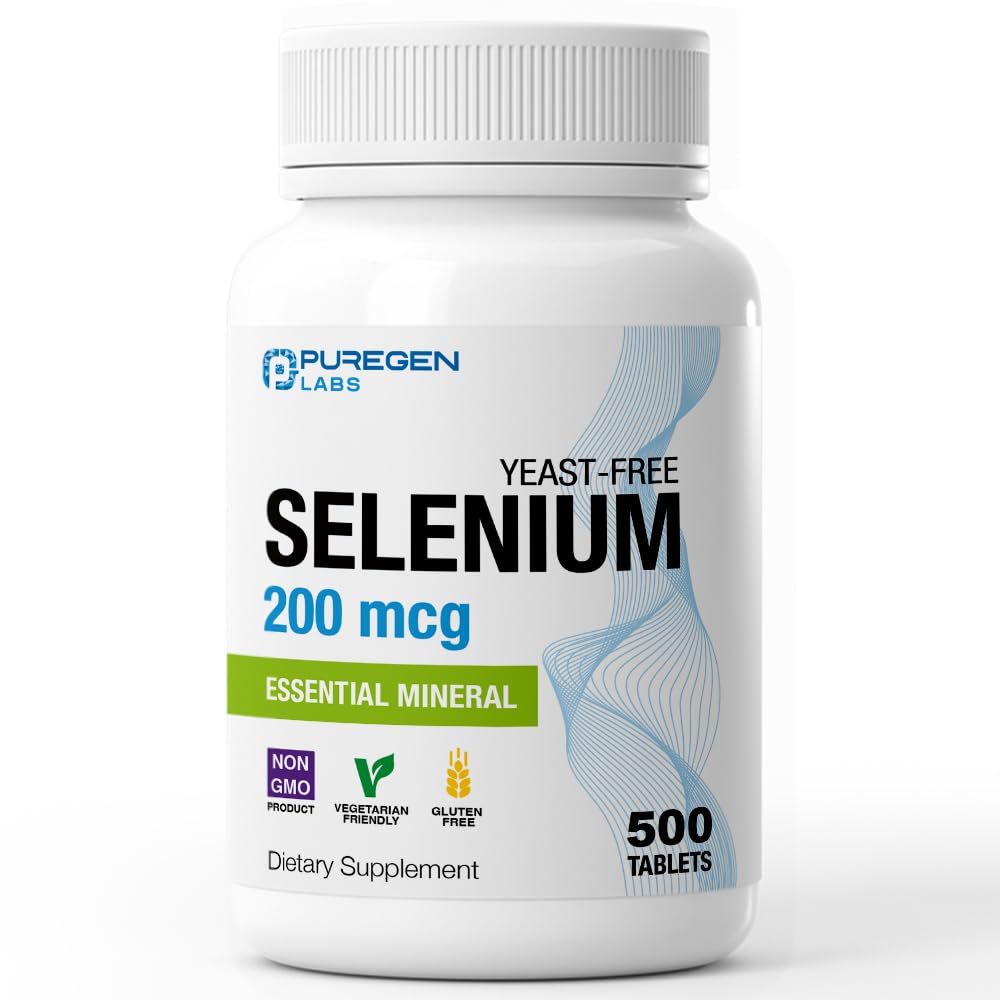 Puregen Labs Selen 200 mcg Yeast Free Essential Mineral - 500 Vegetarische Tabletten | Immun- und Antioxidantien-Unterstützung | Non-GMO, Glutenfrei, Made in USA