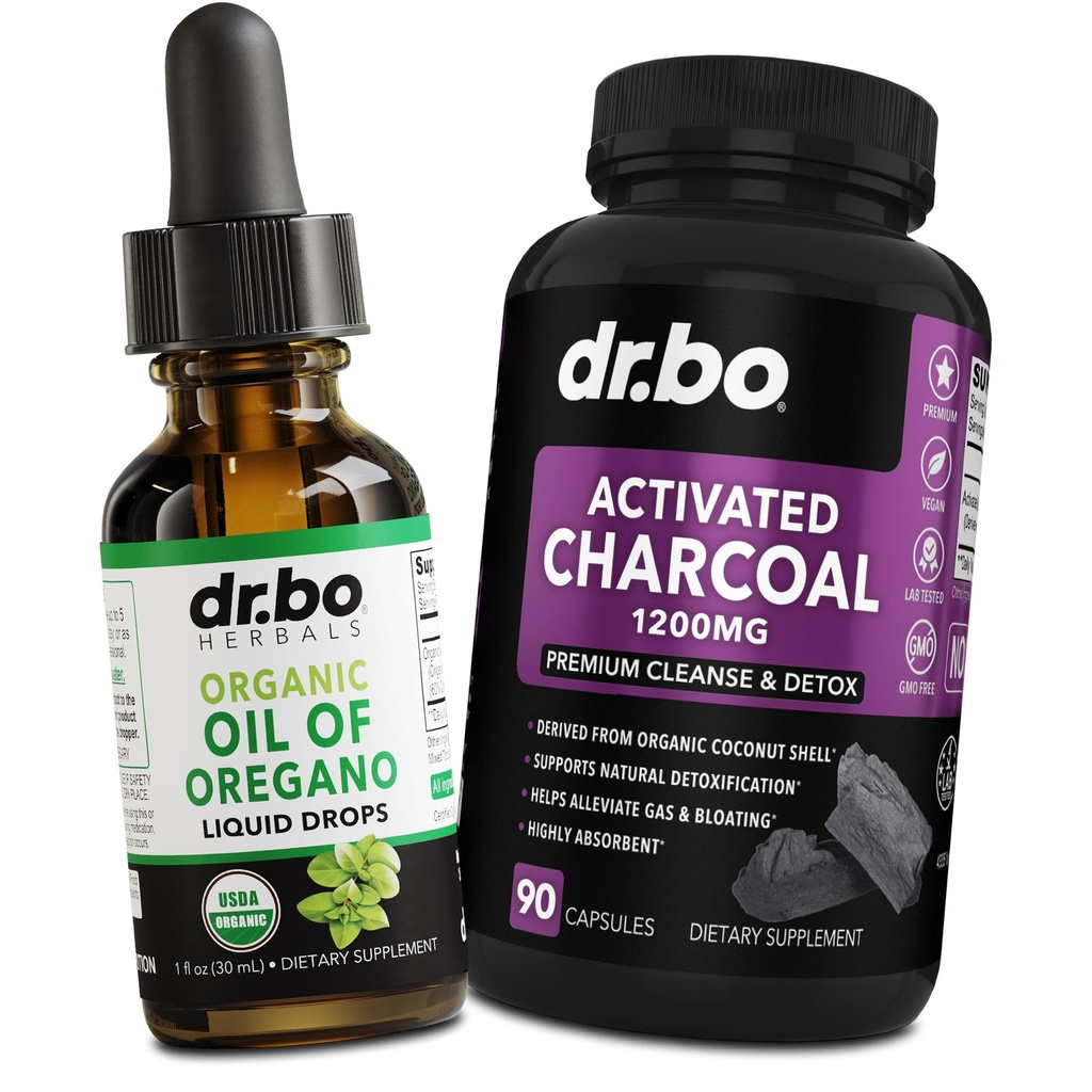 Oregano Öl Bio-Flüssigtropfen & Charcoal Kapseln - Öl von Oregano Tropfen Tinktur Extrakt & Charcoal Pillen für Stomach Gas Cleanse Detox Immununterstützung, Verdauungsbindemittel - Bio